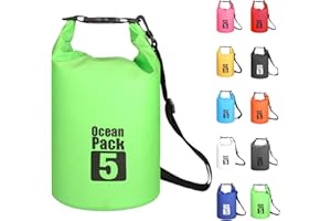 MORAINJAY Vert 5L Sac étanche Polyvalent, 2L/5L/10L/15L/20L/30L Waterproof Dry Bag avec Longue Bandoulière Réglable Sac à Dos Confort Imperméable pour Bateau/Kayak/Pêche/Rafting/Natation/Camping/Snowboard