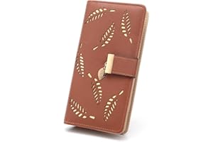 CHAOFANXI Damski portfel z wgłębieniami liść wzór dwukrotnie skórzany damski długi portfel torebka zamek błyskawiczny urodziny Boże Narodzenie prezenty dla kobiet dziewcząt brązowy)