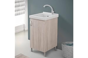 INBAGNO Mobile lavatoio Lavanderia in Legno con Vasca in Ceramica Resistente agli acidi, Completo di Kit sifone + piletta (Olmo, 45x50 cm 1 Anta)