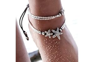 Bohend Vintage Capas Tobillera Pulsera Plata estrella de mar Grano Ajustable Multicapa Tobillo Pulseras Playa Cadenas de pies Joyería Accesorios Para Mujeres Y Chicas