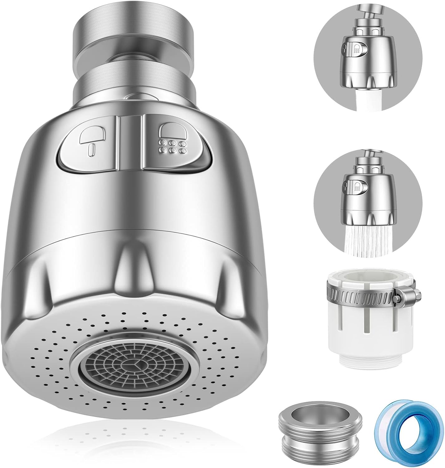 Vinabo Aireador para grifo, 360 °, giratorio, fregadero, de ahorro hídrico, con filtro regulador de cabezal y boquilla para cocina baño, 2 modos, Plata