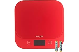 Salter British Bakes Digital Kitchen Scale – 10kg Capacity Baking Scale, Measure Liquids, Waterproof & Washable, Add & Weigh Tare Function, Tempered Glass Platform, 1g Precision, Backlit Display, Red