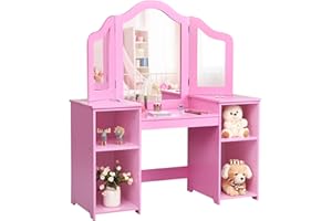 COSTWAY Toeletta Trucco per Bambina, Specchiera per Ragazzi in Legno Robusto, Postazione Trucco 2 in 1 con 4 Mensole e Specchio (Rosa)