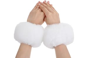 Quilax White Fur Faux Rabbit Wrist Cuffs, Cozy Polyester Arm Warmers for Women, Winter Accessories (Black)