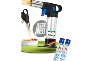STAHLMANN® Flambierbrenner [1300°C] inkl. 2x 300 ml Gas – Premium Creme Brulee Brenner, nachfüllbar mit Sicherung – Ideal zum Karamellisieren, Flambieren & Bräunen