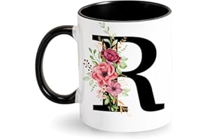 TARKLANDA Tasse avec Lettre Tasse à Café Alphabet Tasse avec Initiale et Motif Floral Tasse Personnalisé Mug Noire Cadeau pour Dame, Femme, Maman, Amie, Cadeau pour Anniversaire, Fête des Mères (R)