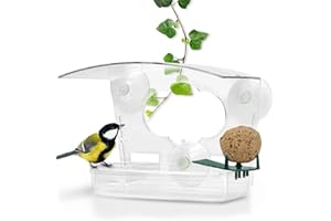 ‎WILDLIFE FRIEND WILDLIFE FRIEND I 3-in-1 Fenster Futterhaus – Transparent & Wetterfest I Vogelhaus mit Meisenknödelhalter, Obsthalter und Vogeltränke I Vogelfutterhaus für Wildvögel