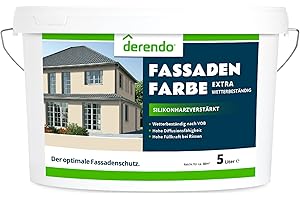 derendo Fassadenfarbe beige 5l mit EXTRA hohem Wetterschutz, matte silikonharzverstärkte Fassaden Farbe, hohe Deckkraft und gute Füllkraft bei kleinen Rissen (Cremefarben)