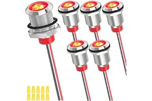 MKBKLLJY 6St. 12mm DC 12-24V 1A Rote LED Metall Blinkleuchte Wasserdicht Signal Lampe Pilot Dash Directional mit 150mm Kabellänge und Verdrahtung Cap für Auto Innenraum LKW Boote Motor Rücklicht