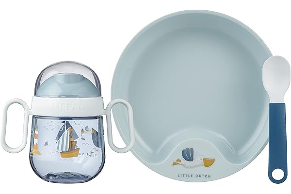 Mepal - Ensemble de vaisselle pour bébé 3 pièces Mepal Mio - Comprend une tasse à bec étanche, et une assiette et une cuillère d'entraînement - Va au lave-vaisselle et sans BPA - Sailors bay