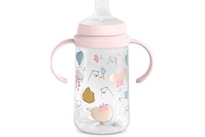 Suavinex, Biberon con manici e beccuccio in silicone, anti-coliche, tappo protettivo, bicchiere antigoccia, 270 ml, per bambini +6 mesi, lavabile in lavastoviglie, My Family Rosa