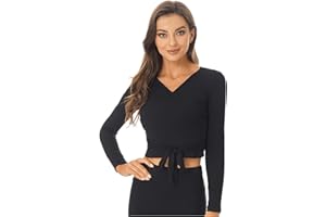 inhzoy Femmes Cache-Coeur de Danse Classique Veste de Ballet Hauts de Danse Manches Longues au Crochet Hauts de Danse Col V Bandage Manteau Cardigan T-Shirt Casual S-XXL