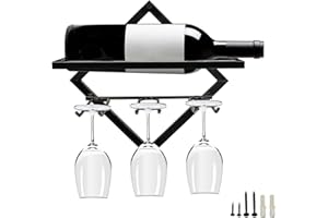 MERYSAN Portabottiglie da parete in metallo, portabottiglie per vino rosso da appendere a parete pieghevole con 3 portabicchieri (B1)