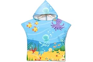 Treer Poncho Accappatoio per Bambini con Cappuccio, 3D Microfibra Cartone Animato Poncho Asciugamano in Asciugatura Rapida Telo da Bagno per Bagno Spiaggia Nuoto (60X60cm,Acqua di Mare)
