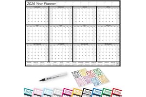 PlannerHead 2026 Laminated Wall Planner Calendar Chart Poster/Yearly Calendar 2026 / Grid Style 12 Months with Pen & 400 Stickers / 2027 Footnote Included/Black/Large (49x70cm)