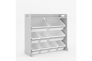 Duffy® Kids Storage Unit Toy Box Organiser Bookshelf With Removable Baskets, for Bedroom, Nursery, Playroom (Grey Wood With White Bins)