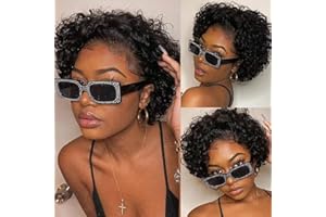 Fereowth 13“x1“ Lace Front Wig Short Culry Human Hair Perruque Femme Naturelle Brésilien Bouclée Courte Perruque Kinky Curl Afro Wig Cheveux Humains Hair 150% Densité Noires