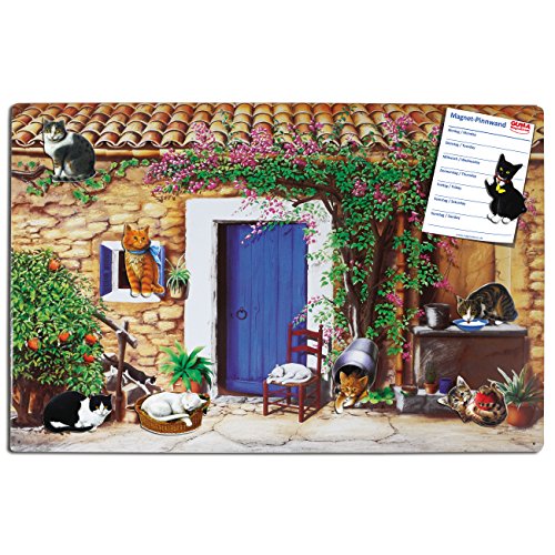 Magnettafel Katze – Mediterrane Design Metall Magnetpinnwand 60x40 cm – Memoboard Pinnwand mit Motiv: Tiere Haustiere Katzen Finca – inkl. 8 Magnete Katzen für Magnetwand - Original GUMA Magneticum®