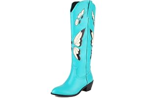 CRETUAO Damskie haftowane zachodnie buty do kolan, modne szpiczasty nosek ciągnąć na grubym obcasie długie buty z cholewką, retro klasyczny motyl średni obcas kowbojki