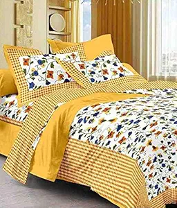 UNIBLISS Cotton Rajasthani Jaipuri Traditional King Size Double Bed Bedsheet with 2 Pillow Covers - (Jaipuri_Bed23,Floral,Yellow)