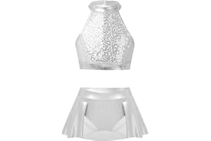 TiaoBug Vestido de Ballet para Niñas con Lentejuelas Brillante Maillot sin Manga con Falda Leotardo Gimnasia Maillot de Patinaje Artístico Disfraz de Bailarina 3-14 Años