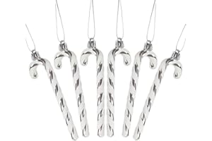 DERAYEE 6 PCS Christmas Glitter Candy Cane Plastic Candy Cane Christmas Tree Decorations for Xmas New Year Party Supplies (Sliver&White)