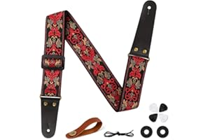 Aucuu Sangle Guitare, Sangle en Jacquard avec Extrémités en Cuir, Sangles de Guitare pour Guitare Réglable, Brodé Jacquard Styles Vintage en Vedette,pour Sangles Guitare Acoustique/Électrique ou Basse