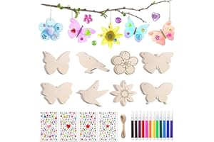 YZROHYI 40 Manualidades para Niños,Mariposas Decorativas de Madera,Colgantes De Madera para Pintar,Artesanía de Maderas Flores,Rebanadas Pájaro con Agujero con 4 Pegatinas y 12 Lápices de Acuarela