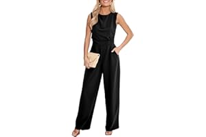 CUPSHE Damen Jumpsuit Rundhals Ärmellos Overall Plissee Weite Beine Playsuit mit Taschen Elegant Hosenanzug