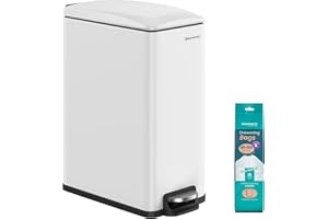 SONGMICS Kitchen Bin 48L, Slim Pedal Bin for Narrow Spaces, Rubbish and Waste Bin with Soft-Close Lid and Inner Bucket, Steel, 15 Rubbish Bags Included, White LTB510W4802