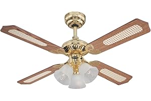 WESTINGHOUSE 78199 Ventilateur de plafond d’intérieur en laiton poli de 105 cm Princess Trio, kit d’éclairage avec verre dépoli