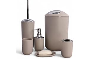 GMMH Set di 6 Accessori da Bagno, Organizer: Dispenser per Sapone, Bicchiere per spazzolini, Secchio per Cosmetici, Spazzola per WC e Supporto, portasapone, pattumiera, Porta spazzolino, Set da Bagno