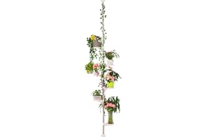 BAOYOUNI Plant Stand Tension Pole Indoor Telescopic Rod Corner Metal Flower Display Rack Tiered Pot Holder Adjustable Hanging Storage Shelf Floor to Ceiling Organzier with 6 Trays & 1 Hook, Ivory