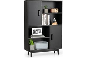 COSTWAY Regał na książki z 2 drzwiami i 4 otwartymi półkami, drewniany, stojący, do salonu, gabinetu, 80 x 24 x 120 cm (czarny)