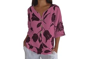 HRJXFPT Plus Size 3/4 Sleeve Linen Tops for Women UK Summer V Neck Mid Long Sleeve Tops Ladies Casual Loose Vacation Beach Solid Color down Blouses Tunic T Shirts Cheesecloth Clothes Daily Essential Gifts