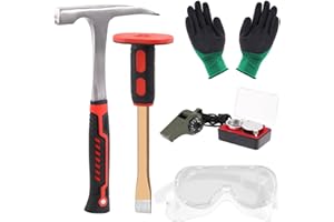 Tanstic 6Pcs Geology Rock Hammer and Chisel Kit, 30oz Hammer & 12" Digging Chisel, Whistle, Safety Glasses, Jewelers Loupe and Gloves, Rock Hounding Equipment Set for Hounding Stone Breaking