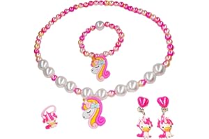 LVGPH 5PCS Girl Unicorn Jewelry Set Rainbow Unicorn Clip-on Earring Hair Bobbles Hair Clips Necklace Bracelet Ring Princess Dress Up Colorful Jewellery Unicorn Gifts for Girls Friendship Bracelets