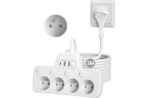 ‎AONOKA Listwa Zasilająca 4 Gniazdami z Wyłącznikami,Listwa Zasilająca Wtyczka Płaska 4 gniazda Elektryczne polskie z uziemiającym,Wielokrotne Gniazdka USB z Przełącznikiem Rozgałęźnik Przedłużaczem 2m,Biały