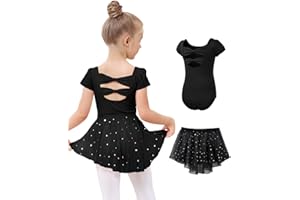 JiAmy Sukienka baletowa dla dziewcząt, strój baletowy, bawełna, krótki rękaw, trykot baletowy, trykot do tańca + szyfonowa spódnica kopertowa, sukienka do tańca, 2-częściowy, dla dzieci w wieku 3-11