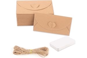 SVALOR Zestaw mini kopert, 30 sztuk papierowych kopert z 30 pustymi kartami i liną konopną, małe koperty z zamknięciem w kształcie serca, do samodzielnego wykonania, karty podarunkowe (10 x 6 cm)