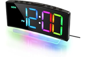 Lafocuse Réveil Numérique avec 8 RGB Couleurs LED Affichage & 7 Couleurs Veilleuse, Horloge Numérique avec Double Alarmes, Luminosité Volume Réglable, Snooze, Réveil Matin pour Enfant Chevet, Noir