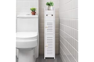 powerking Toilet Paper Holder Stand, Toilet Storage Cabinet for Bathroom, Slim Corner Shelf for Small Space Storage, Small Bathroom Storage Cabinet with Doors - White