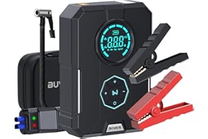 BUVAYE Puissant Booster Batterie Voiture avec Gonfleur 150PSI, 2000A 12V Portable Car Jump Starter (Tout Gaz/5L Diesel), Démarreur Batterie Voiture Lithium avec Grand Écran LCD, Étui EVA, Pince Intelligentes