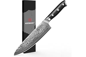 KEEMAKE Couteau Cuisine Professionnel Chef 20cm, Couteaux de Cuisine Damas Acier Japonais 67 Couches Poignée G10 pour Viande Légume