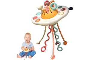 GHOPY Montessori Jouets à tirer pour bébés de 1, 2, 3 ans, en silicone OVNI Jouets à tirer pour activités sensorielles Développement de la motricité fine Cadeau de Noël d'anniversaire pour garçons et filles