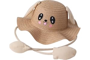 haozaikeji Kinder-Sonnenhut aus Stroh, atmungsaktiv, breite Krempe, Sommerhut mit springenden Hasenohren, Sonnenschutz, Strandhut für Reisen und Outdoor-Aktivitäten