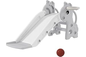 AIYAPLAY Toboggan pour Enfants 3 en 1 en Forme de Girafe avec Panier de Basket, Escalade et Ballon, Toboggan intérieur pour Enfants de 1 à 3 Ans, 106 x 51,5 x 52 cm, Gris