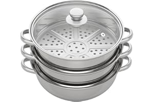 MIIHGNOS Steamery - Set di 3 pentole a vapore, 28 cm, in acciaio inox, con coperchio in vetro, per piano cottura a induzione, piano cottura in vetroceramica (argento)