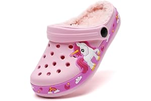 SECHRITE Toddler Kids Lined Clogs Garden Shoes with Fuzzy Fur Cartoon Slip On Mules Boys Girls Winter Warm Home Slippers Indoor Outdoor