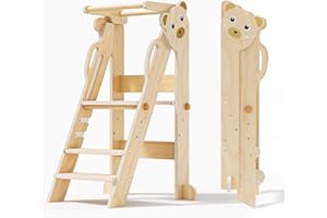 Aoykkii Torre de Aprendizaje Plegable Montessori,Torre Aprendizaje Ajustable en Altura de 3 Niveles,Torre con Rieles de Seguridad para Niños de 1 a 6 Años (Color de la Madera Oso)
